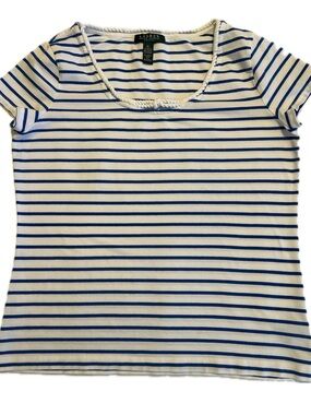 💙🤍Lauren Ralph Lauren Blue White Striped Nautical Rope Neck Top PL EUC🤍💙